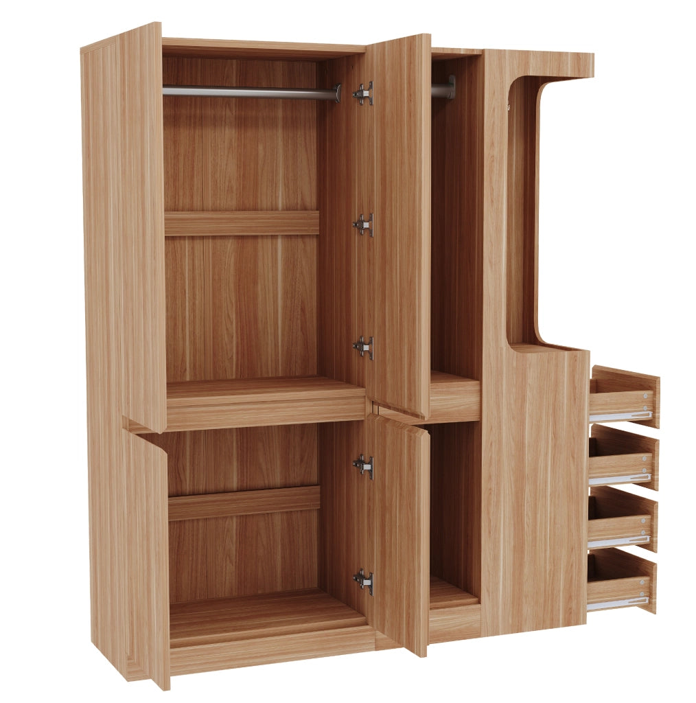 Armadio guardaroba 140 x 40 x 170 cm in legno naturale; con cassetti e vani contenitore