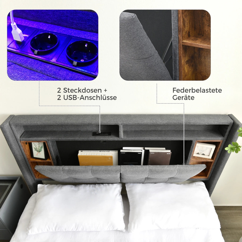 LETTO matrimoniale 140x200 cm grigio con testiera contenitore, USB e LED