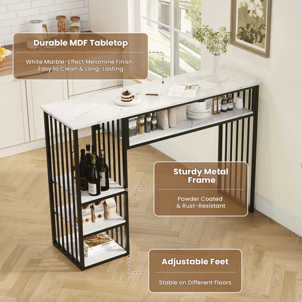 Tavolo da pranzo con 3 ripiani e piano in MDF effetto marmo, in metallo, per cucina, bianco nero, 140 × 40 × 105 cm
