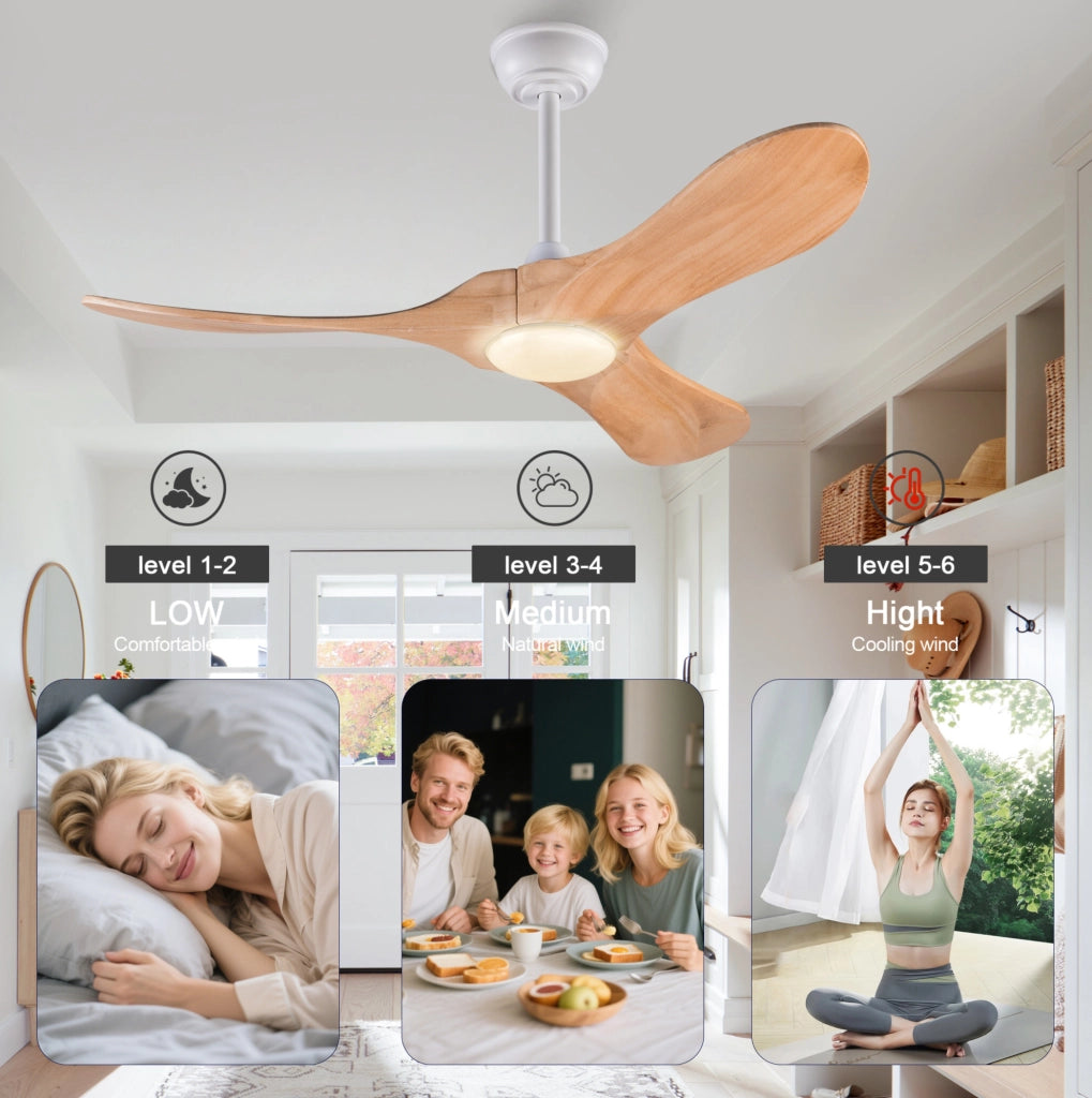 Ventilatore a soffitto 42" con luce LED e telecomando, legno massello naturale e bianco