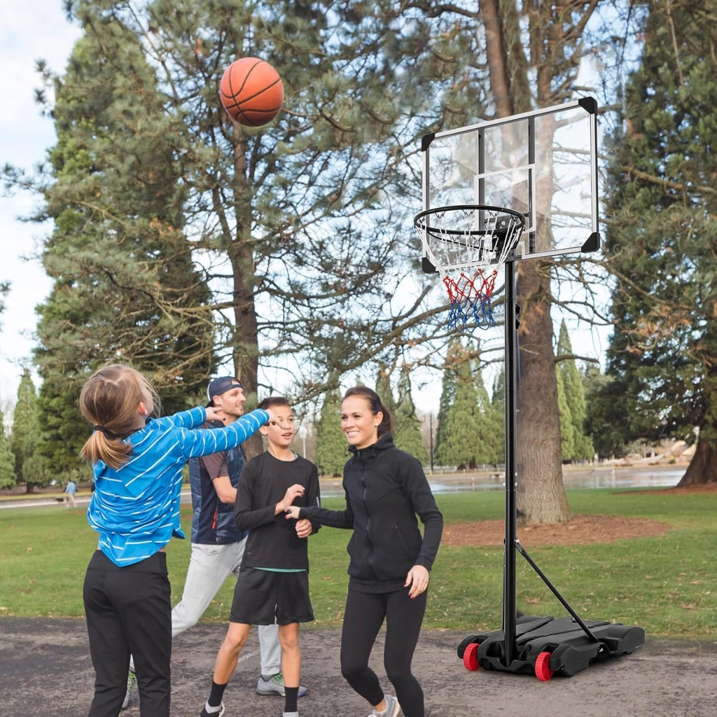 Canestro da Basket Portatile e Regolabile in Altezza 223-253 cm, Canestro da Basket da Esterno ed Interno con Tabellone Antisfondamento, Base Riempibile e Ruote