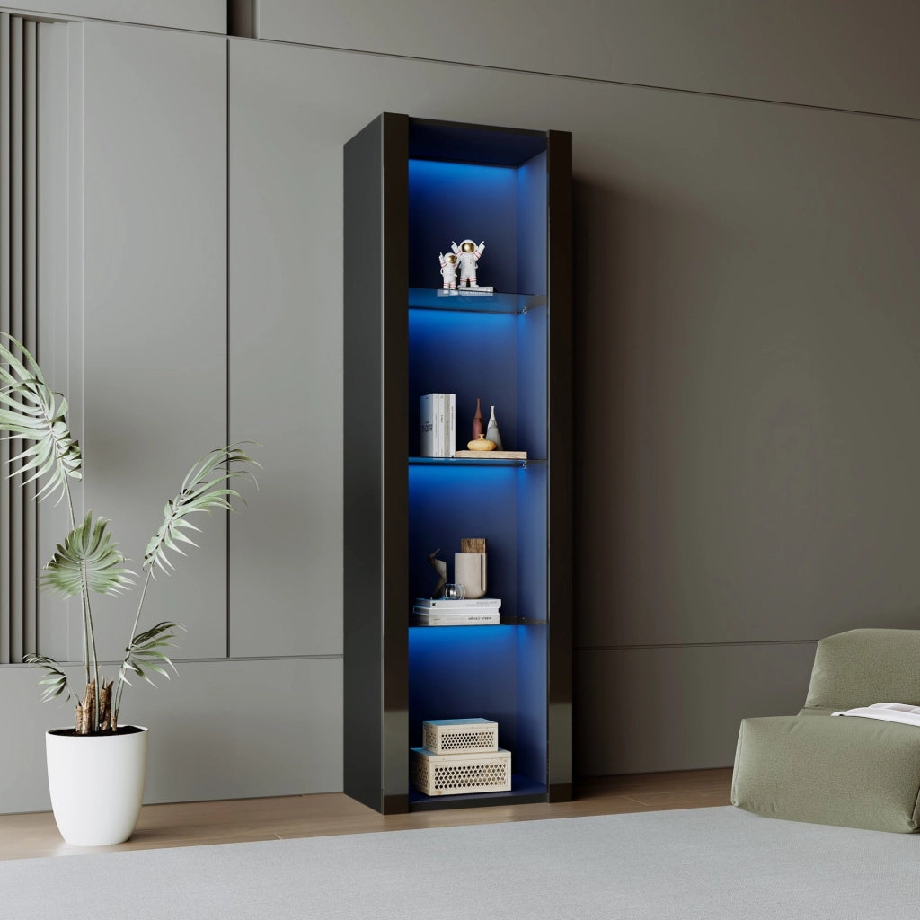 Vetrina alta con LED e 3 ripiani in vetro; 55x38x166 cm; nero lucido