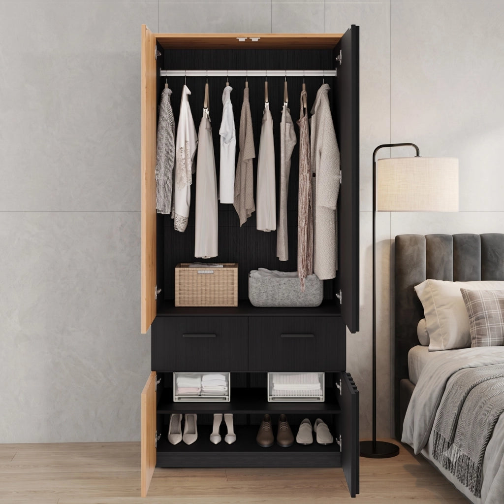 ARMADIO a ante battenti 90x50x200 cm Nero e Naturale con 2 cassetti