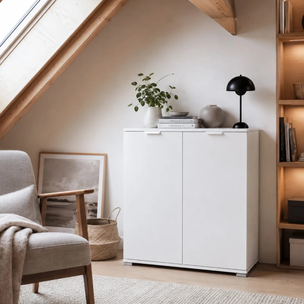 Mobile Base 2 Ante Bianco Già Montato | Armadietto Salvaspazio 75x85x38 cm | Mobile Bagno e Lavanderia con Ripiani Regolabili e Struttura in Legno Nobilitato