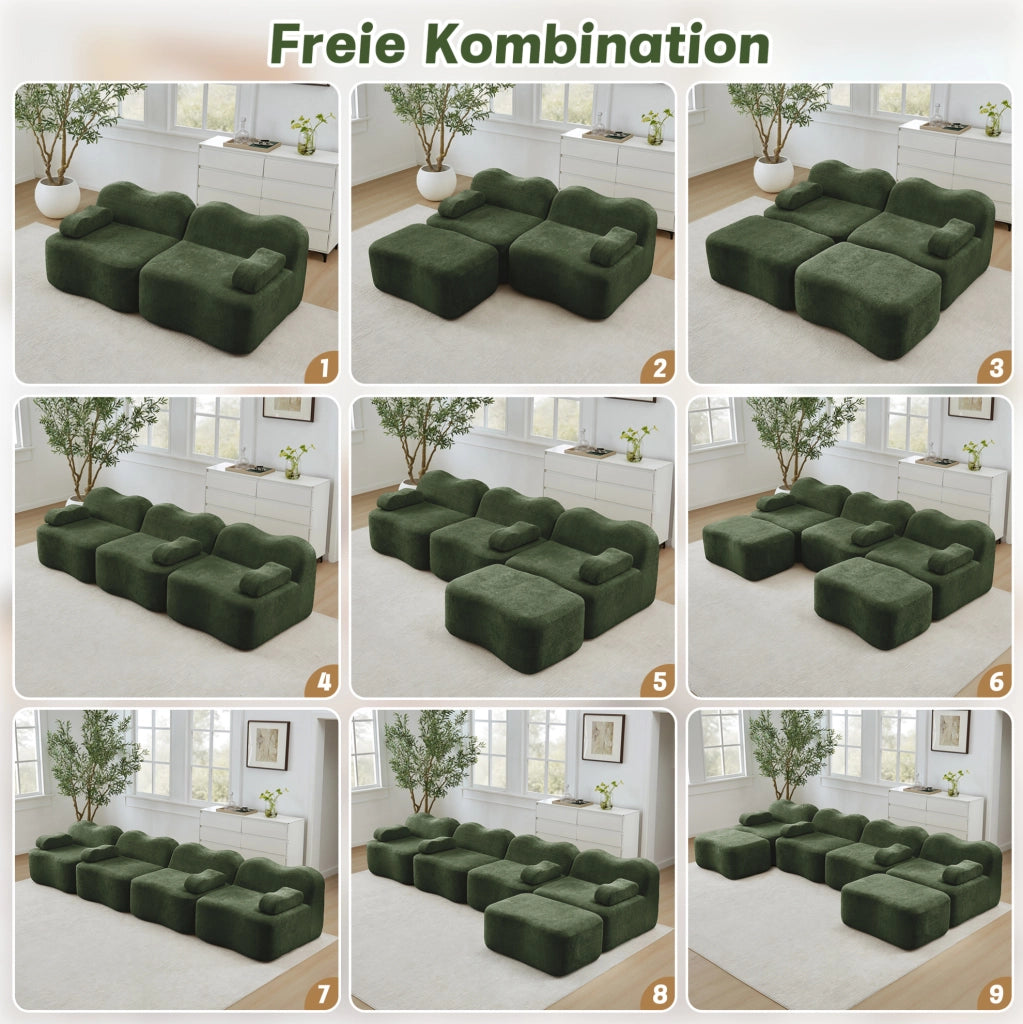 Divano modulare a U per soggiorno 384x167x70 cm in velluto verde; senza struttura interna