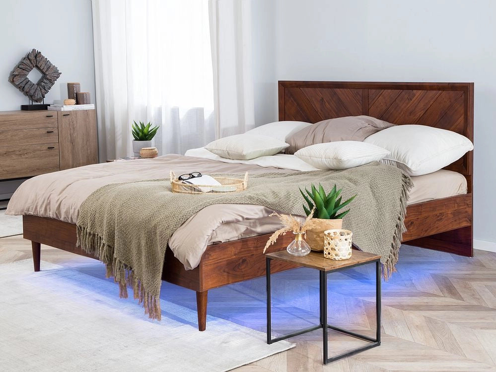 Letto 180 x 200 cm in legno scuro con rete a doghe LED vintage