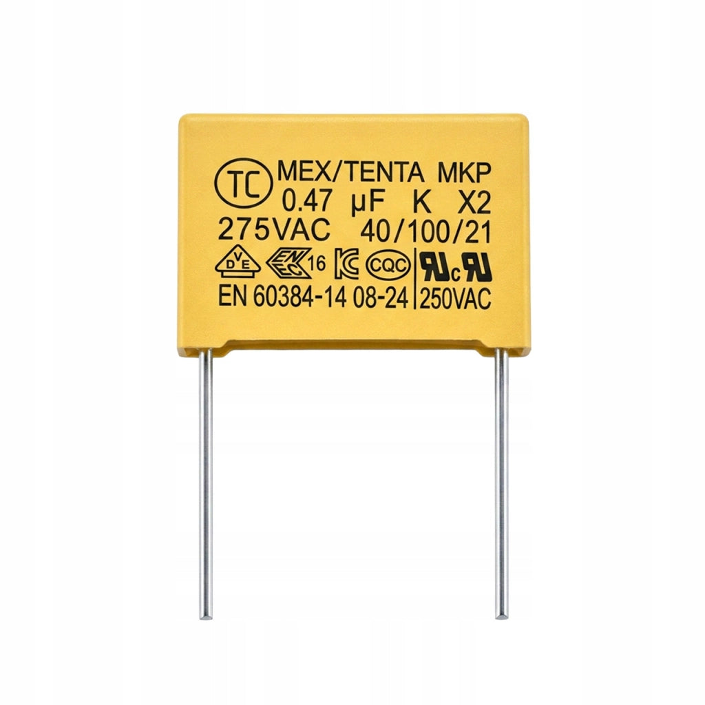 Condensatore MKP X2 0.47uF 275V AC – Polipropilene Metalizzato, Alta Affidabilità | Dimensioni Compatte 8x16x26 mm