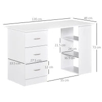 Scrivania Porta PC con 3 Cassetti e 3 Ripiani, Scrivania per Camera e Ufficio in Legno 120x49x72cm Bianco