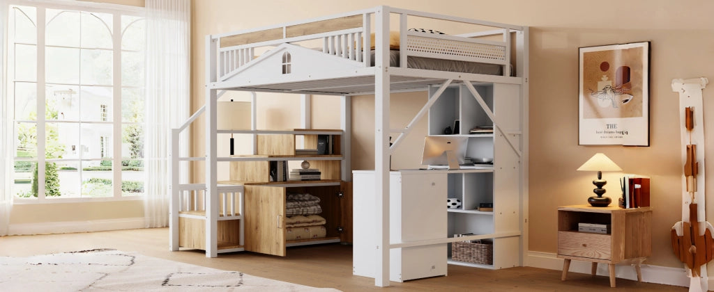 Letto a castello in metallo e legno bianco con funzione contenitore 140x200 cm