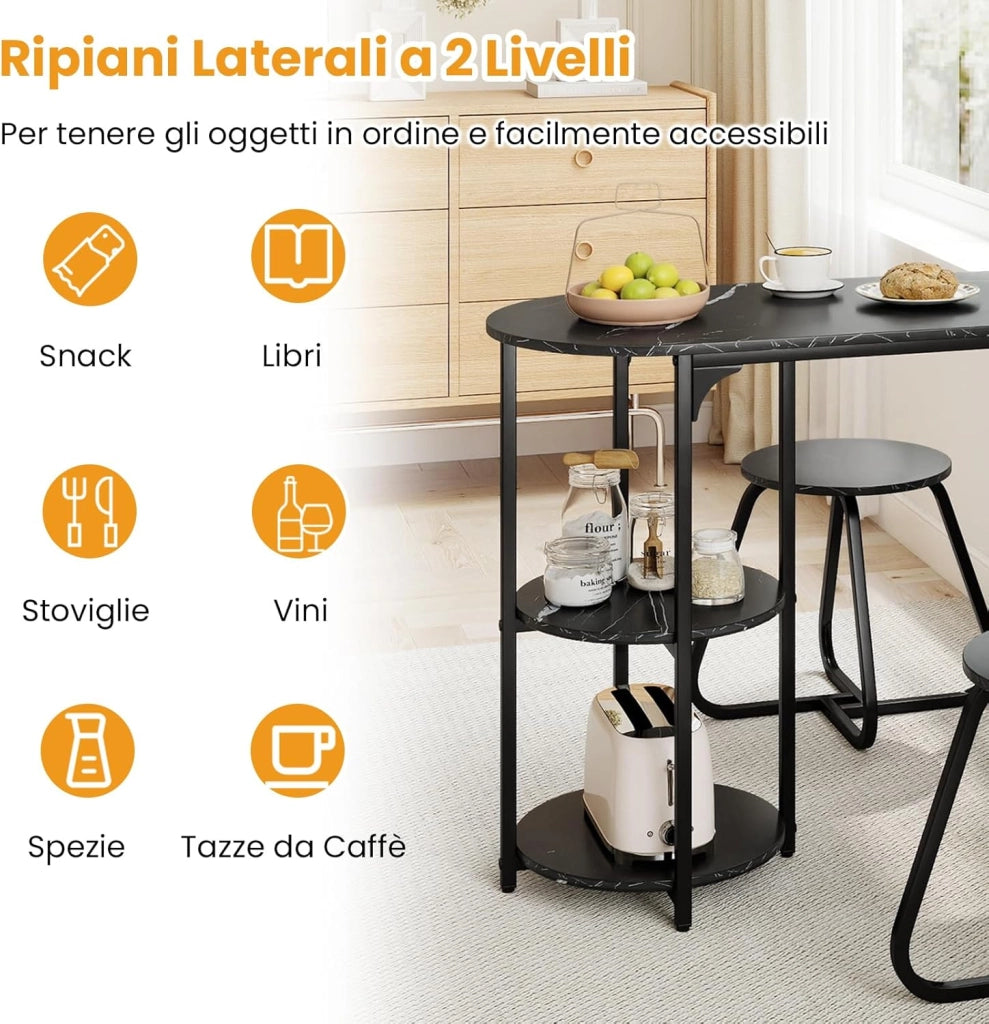 Set da Pranzo Industriale 3 Pezzi, Tavolo da Cucina in Legno con 2 Sgabelli e Ripiani Portaoggetti, Set da Pranzo Salvaspazio per Appartamenti, Cucina e Soggiorno (Nero)