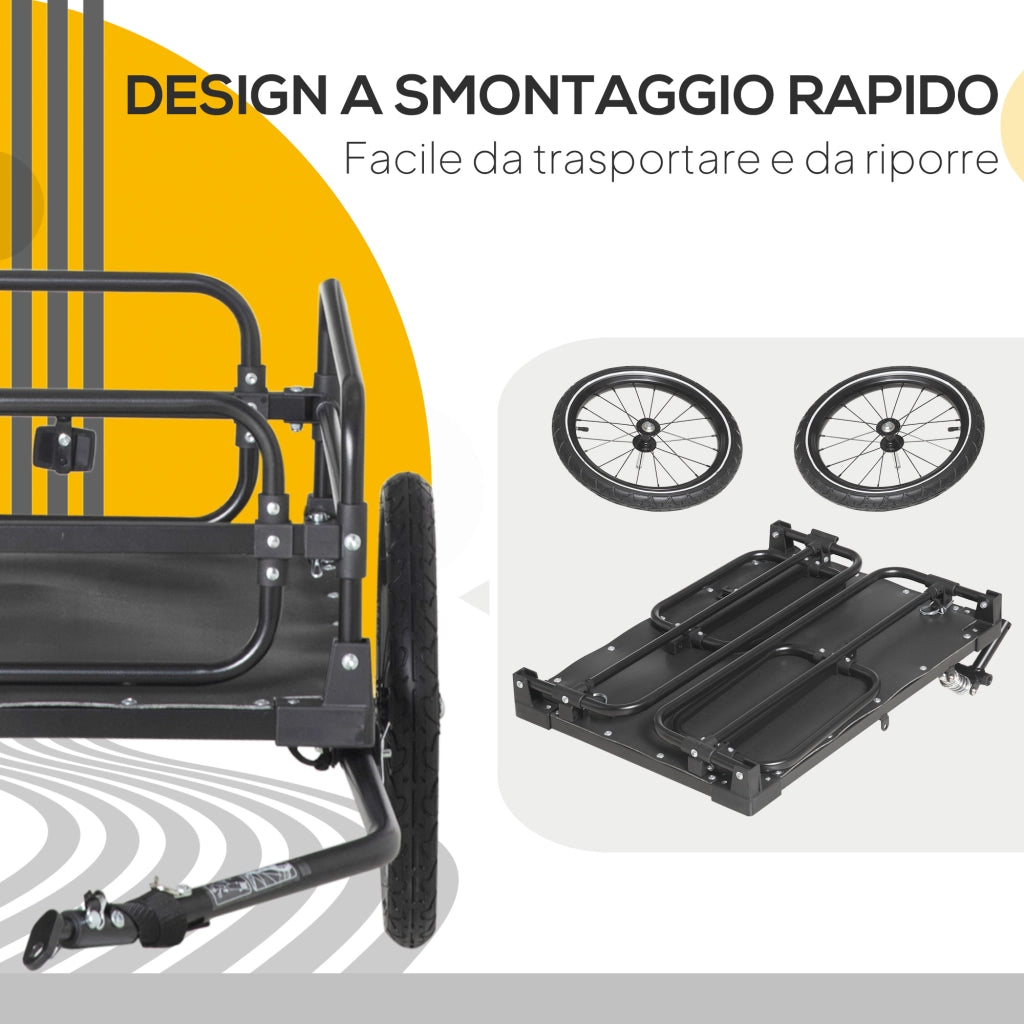 Carrello Bici da 70L con 2 Ruote da 16" 2 Catarifrangenti e Bandierina 125x64x53,5 cm in Acciaio e PE Nero