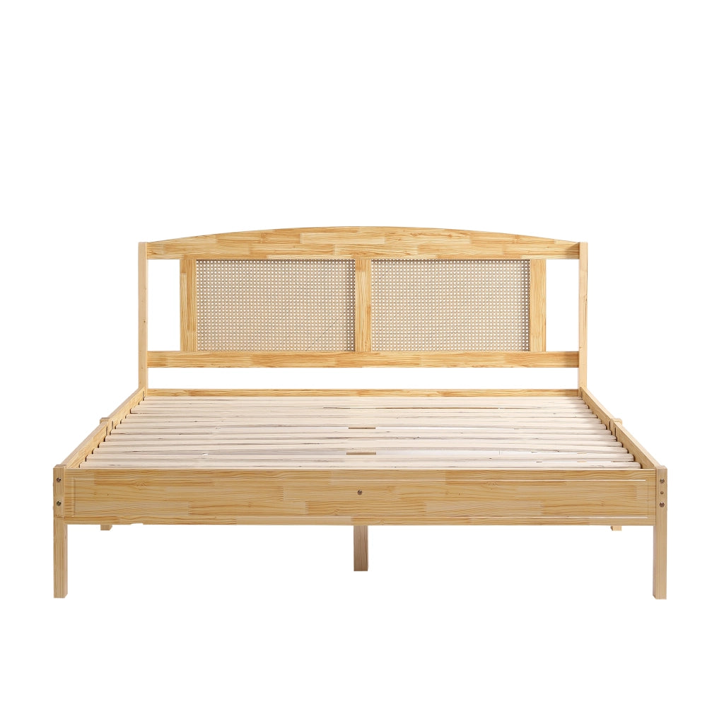 Letto Matrimoniale 160 x 200 cm; 15 Doghe e Piedini Centrali - in Legno e Rattan - Naturale