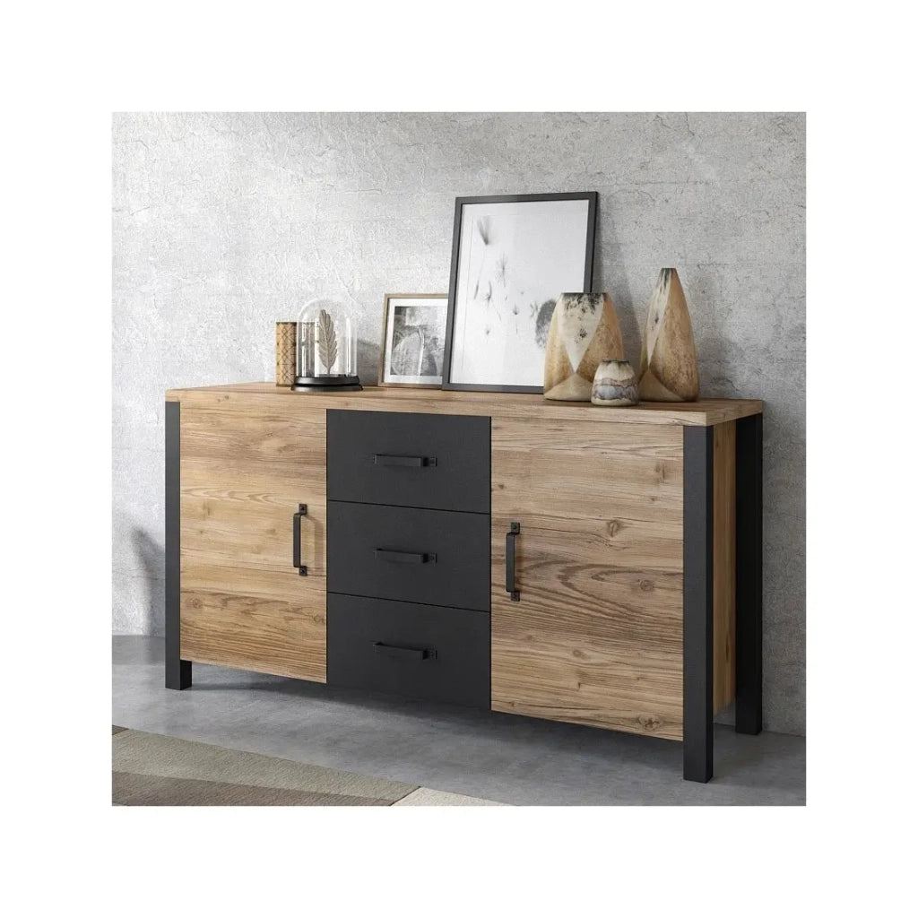 Credenza 150cm collezione DARWIN. Colore abete e nero. 2 porte e 3 cassetti.