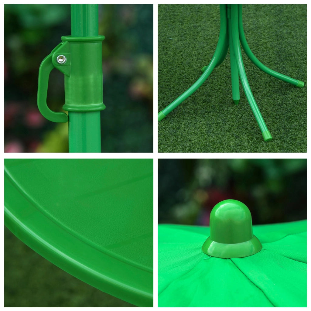 Set giardino bambini 4 pezzi design Grenouille ¨C Minimal ¨C verde, metallo, tavolo rotondo, sedie pieghevoli, parasole