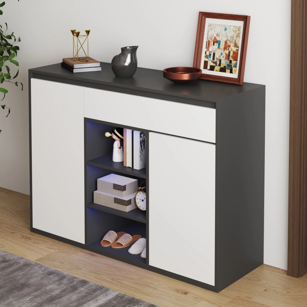 OKWISH Scarpiera con 2 Ante, 1 Cassetto, Ripiani Regolabili e LED, per Ingresso, Nero, 105 x 39.5 x 86 cm