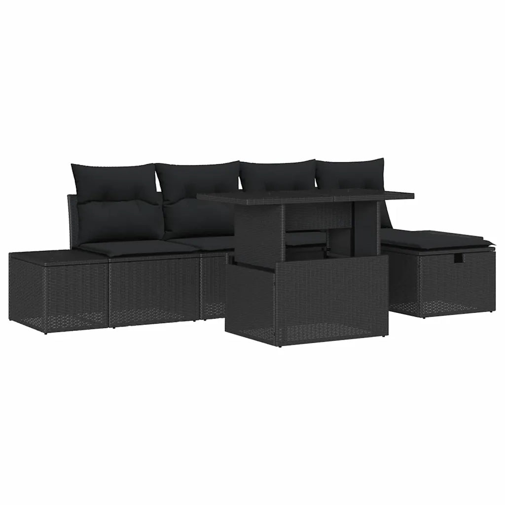 Set Divano da Giardino con cuscino 6 pcs Nero Poly Rattan
