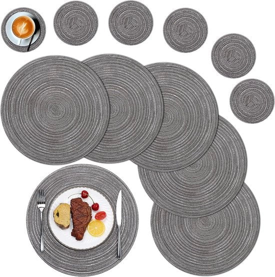 Set di 12 piatti rotondi e sottopiani in cotone intrecciato grigio, 38 cm, piatti rotondi termoresistenti per colazione, tavolo da pranzo