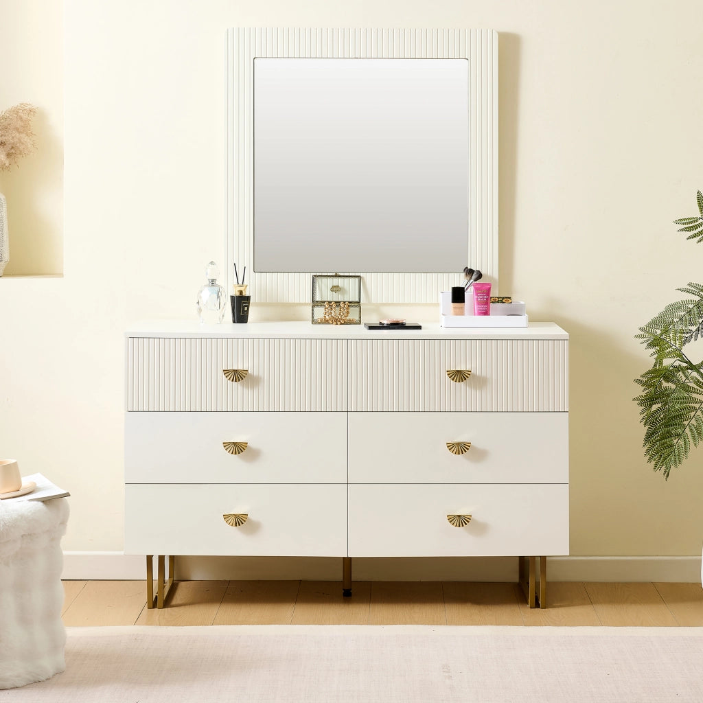 Set di Mobili da Soggiorno con 1 Credenza 6 Cassetti e 1 Specchio da Parete Quadrato; Contenimento; per Ingresso e Camera; MDF; Bianco