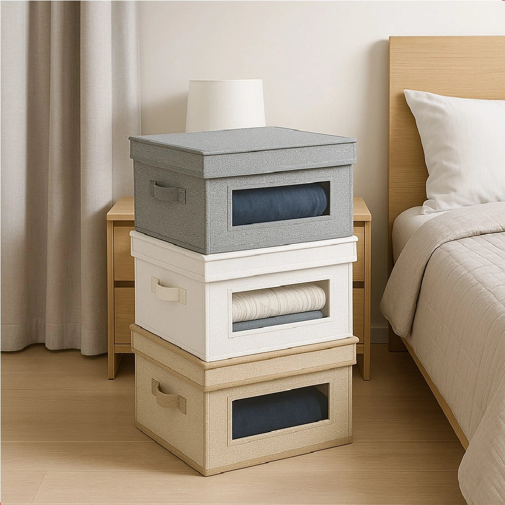 Set 3 Scatole Cambio Stagione TNT Salvaspazio Pieghevoli con Finestra PVC 60x50x30
