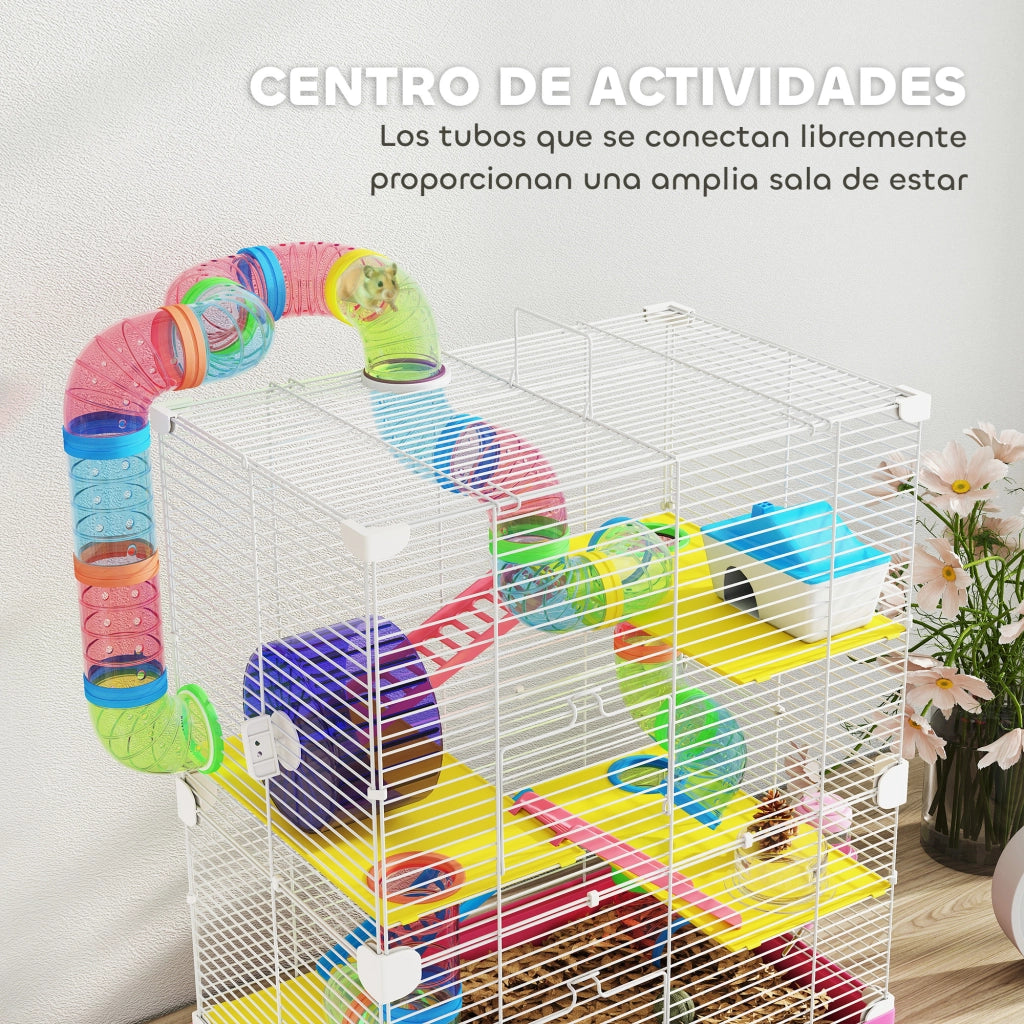 Gabbia per Criceti con Tunnel Piattaforme Ciotola Abbeveratoio Casetta Ramp e Ruota Esercizio ¨C zephmum ¨C Rosa 46x30x58 cm