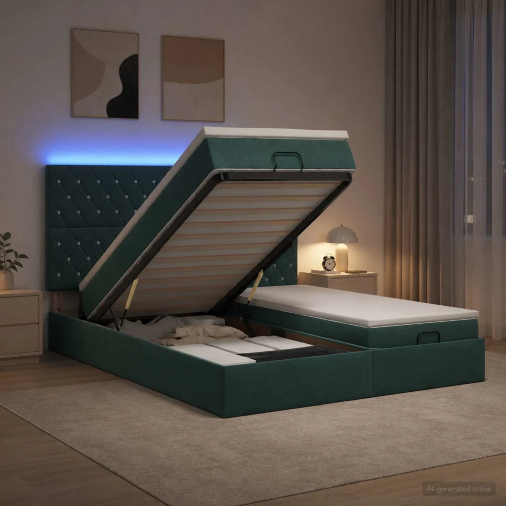 Letto Ottomano con Materasso e LED Verde Scuro 180 x 200 cm 3458481