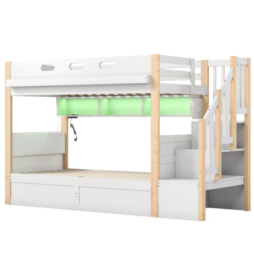 Letto a castello 90x200 cm con contenitore idraulico, LED, USB in pino e MDF bianco