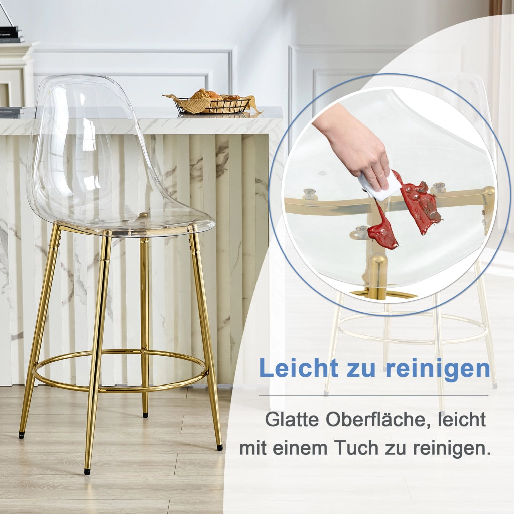 Sgabello da bar trasparente 2 pezzi con schienale ergonomico e seduta 66 cm, gambe in metallo oro, plastica trasparente