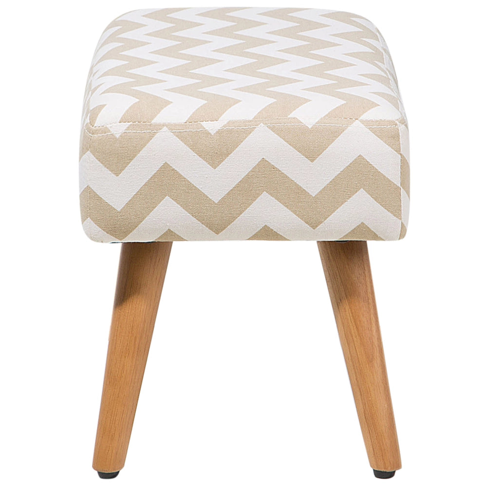 Poggiapiedi in Cotone Bianco e Beige a Zig Zag con Gambe in Legno