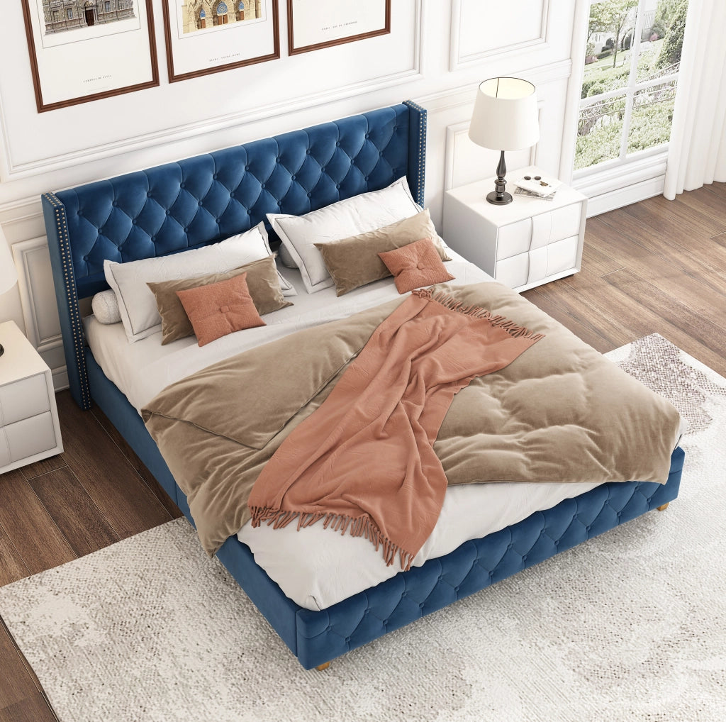 Letto imbottito 160x200 cm; testiera capitonn茅; velluto blu (Senza materasso)