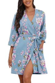 Badjas Casual Driekwart Mouw Kimono Reis Sauna Loungewear (Florale Blu Pastello, XXL)