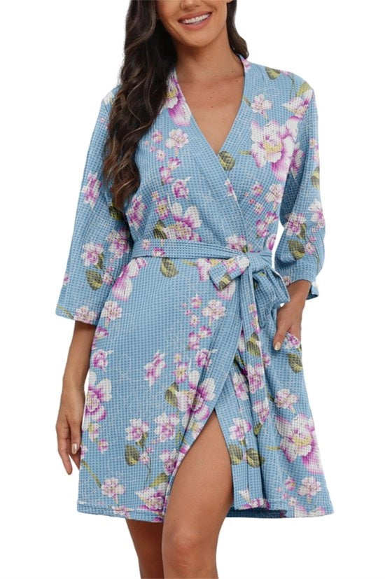 Badjas Casual Driekwart Mouw Kimono Reis Sauna Loungewear (Florale Blu Pastello, XXL)