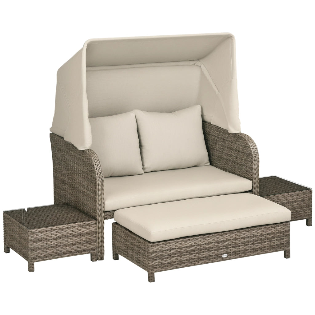 Set divano da giardino 4 pezzi 2 posti + poggiapiedi + 2 tavolini con cuscini beige marrone ¨C Xylo