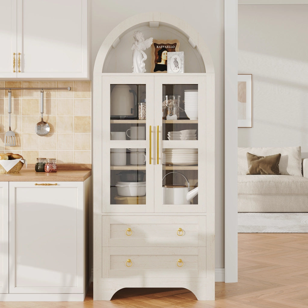 Credenza alta con 2 ante in vetro e 2 cassetti; ripiani regolabili - per cucina - bianco