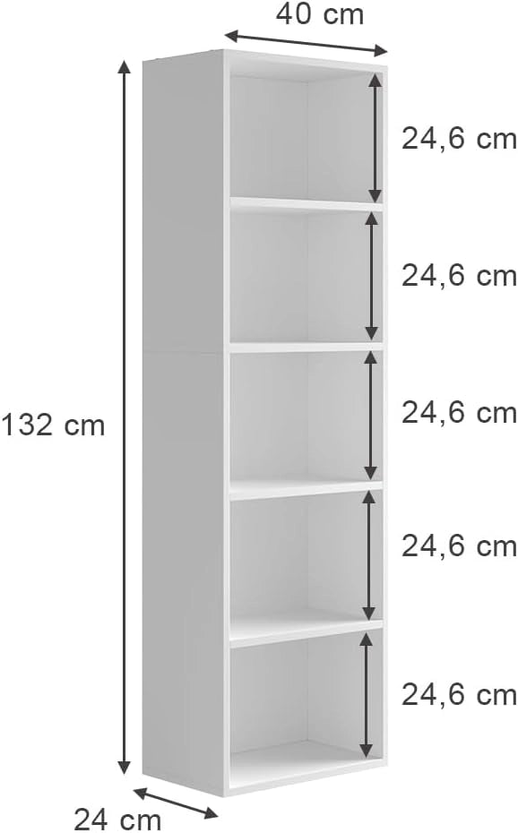 Scaffale Bob, Bianco, 40 x 132 cm con 5 scomparti, per la conservazione e la presentazione di libri e raccoglitori