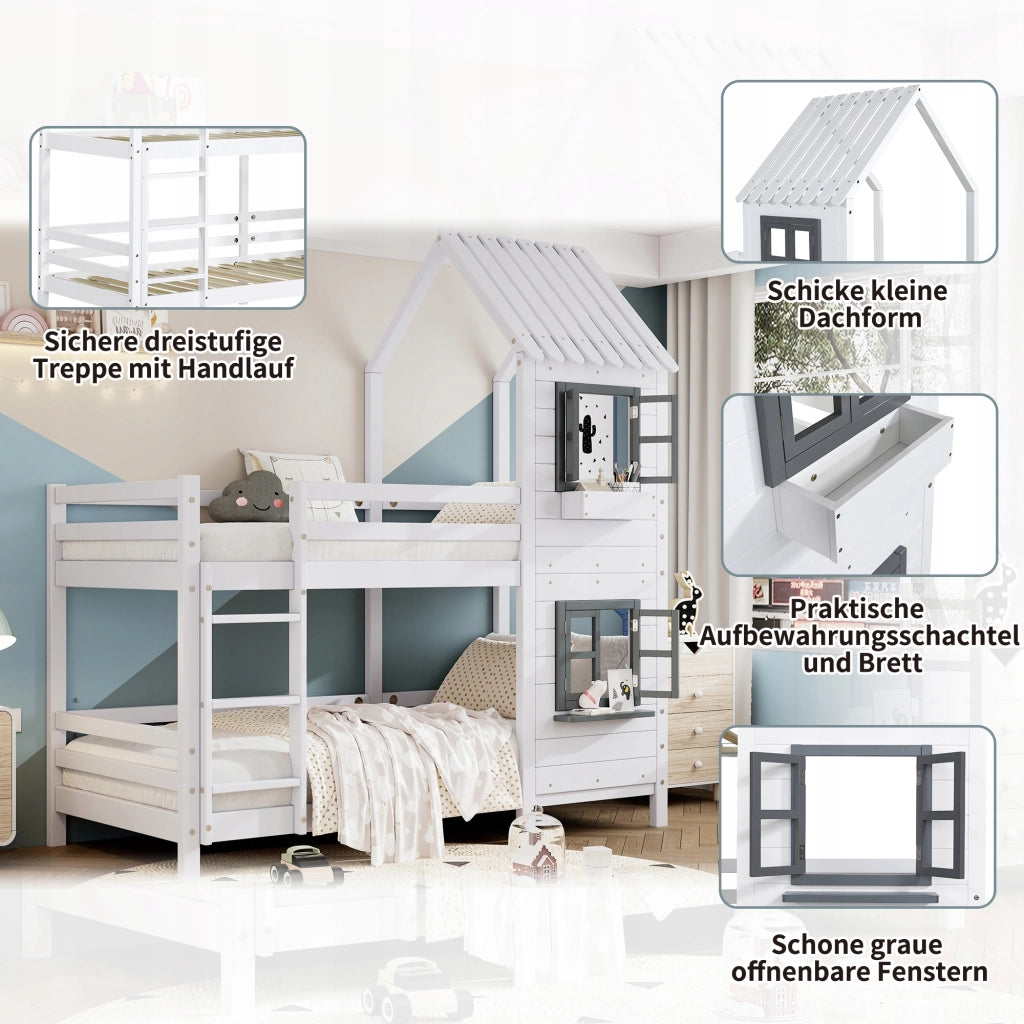 Letto a castello 90x200 - Xylo - Bianco con ringhiera e finestra