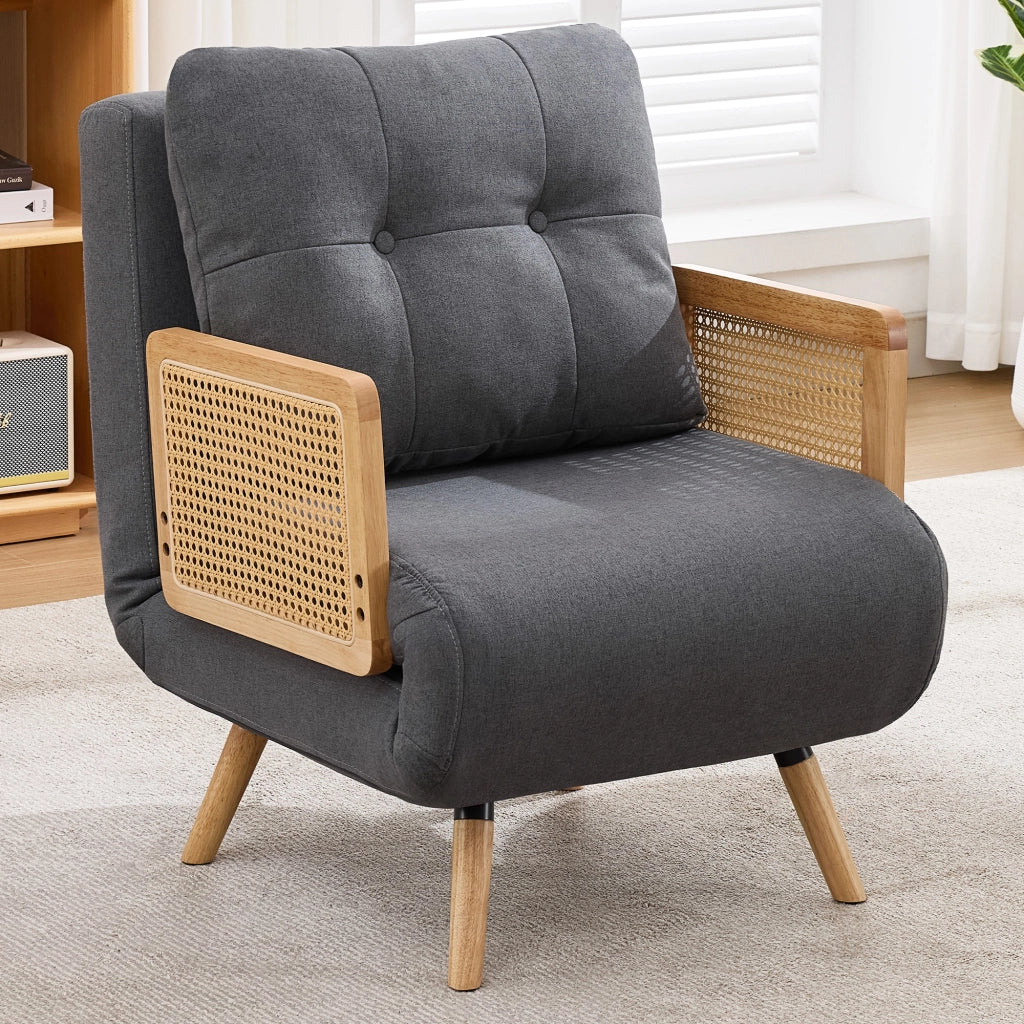 Poltrona letto 3 in 1 in tessuto lino grigio con schienale regolabile e braccioli in rattan