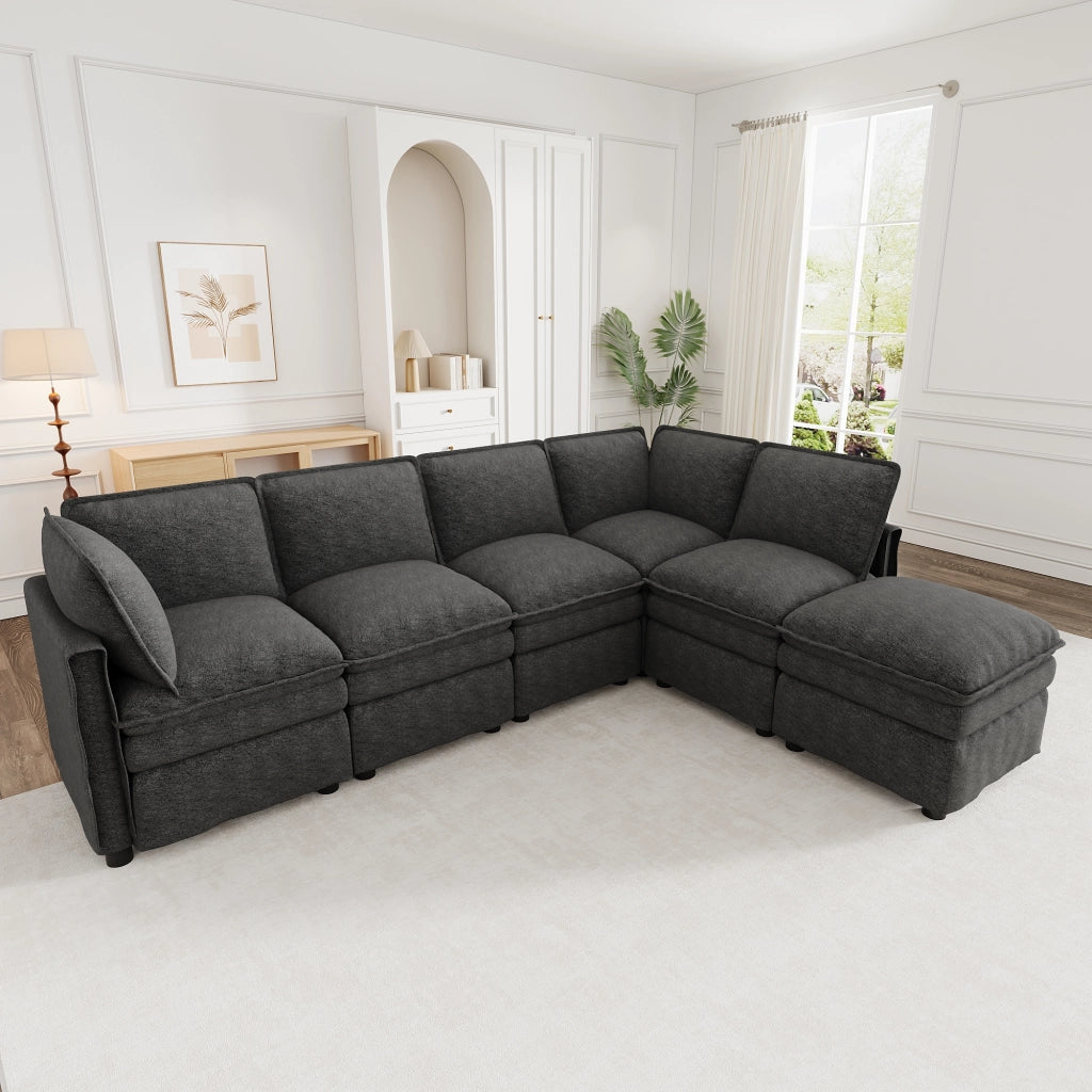 DIVANO modulare con funzione letto 344x127x91 cm in chenille grigio con pouf