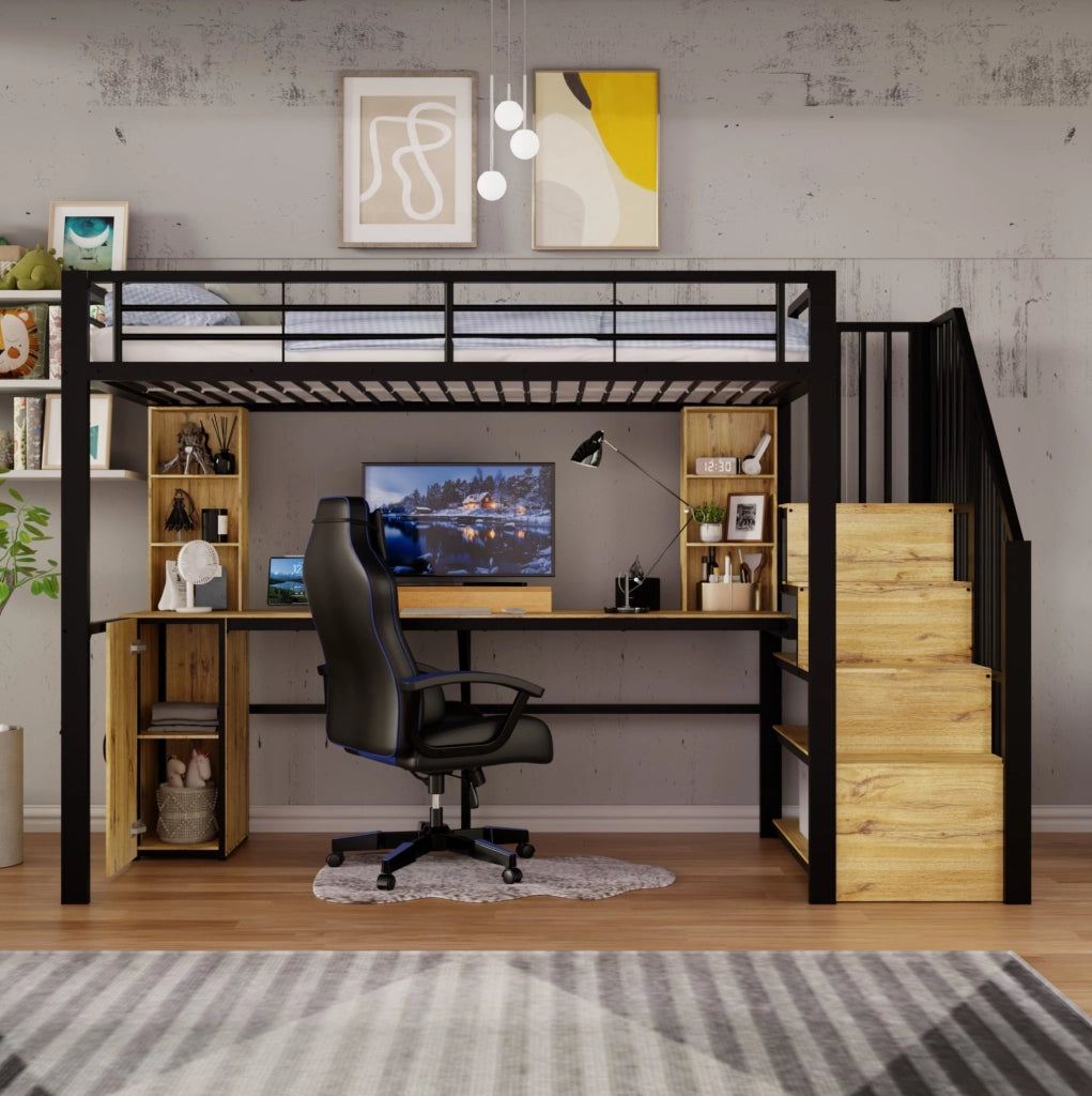 Letto a soppalco 90 x 200 cm con scrivania, scala contenitore e USB