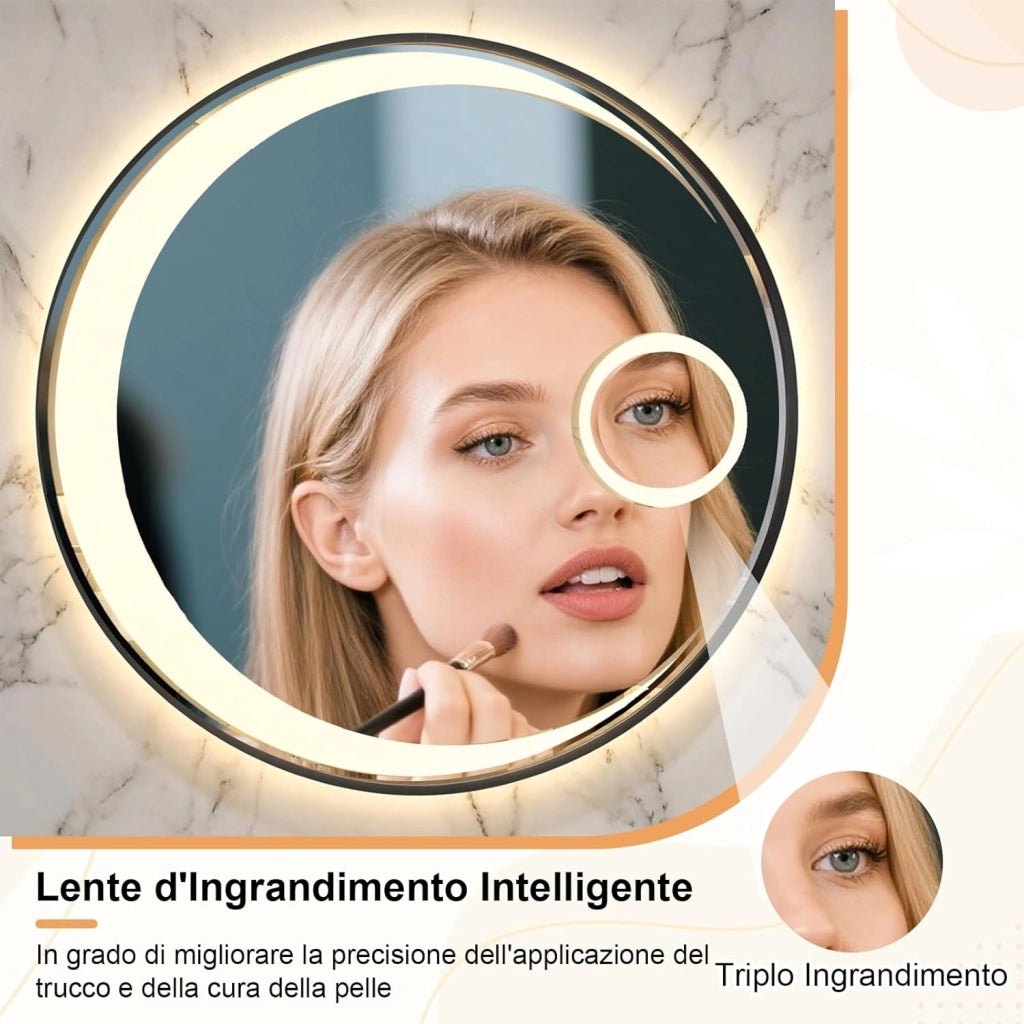 Specchio Bagno con Luce LED da 61 cm, Specchio Rotondo da Parete con Lente d'Ingrandimento 3X, Antiappannamento, 3 Colori Luce, 3000K-6500K, Luminosità Regolabile, IP44