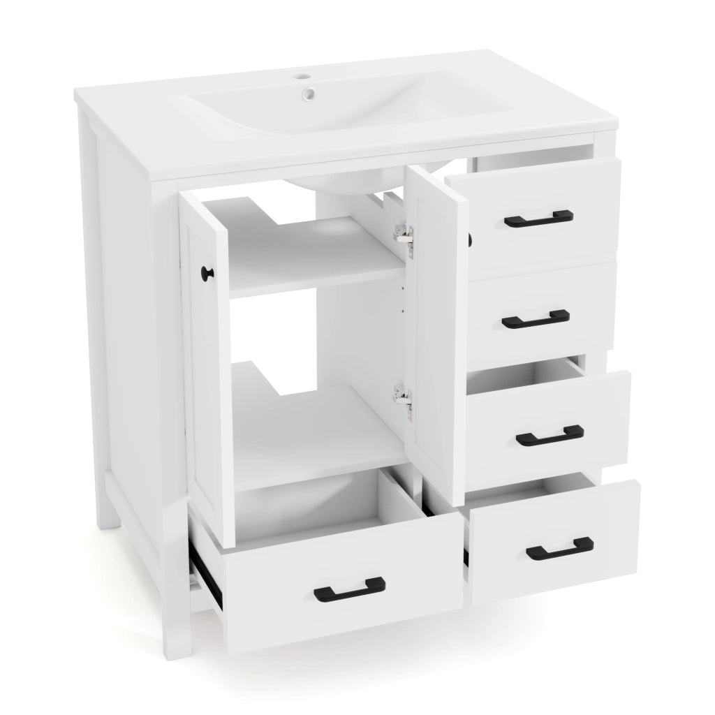 Mobile bagno freestanding 76¡Á46¡Á82 cm con lavabo in ceramica, MDF laccato bianco, 4 cassetti e ripiani regolabili