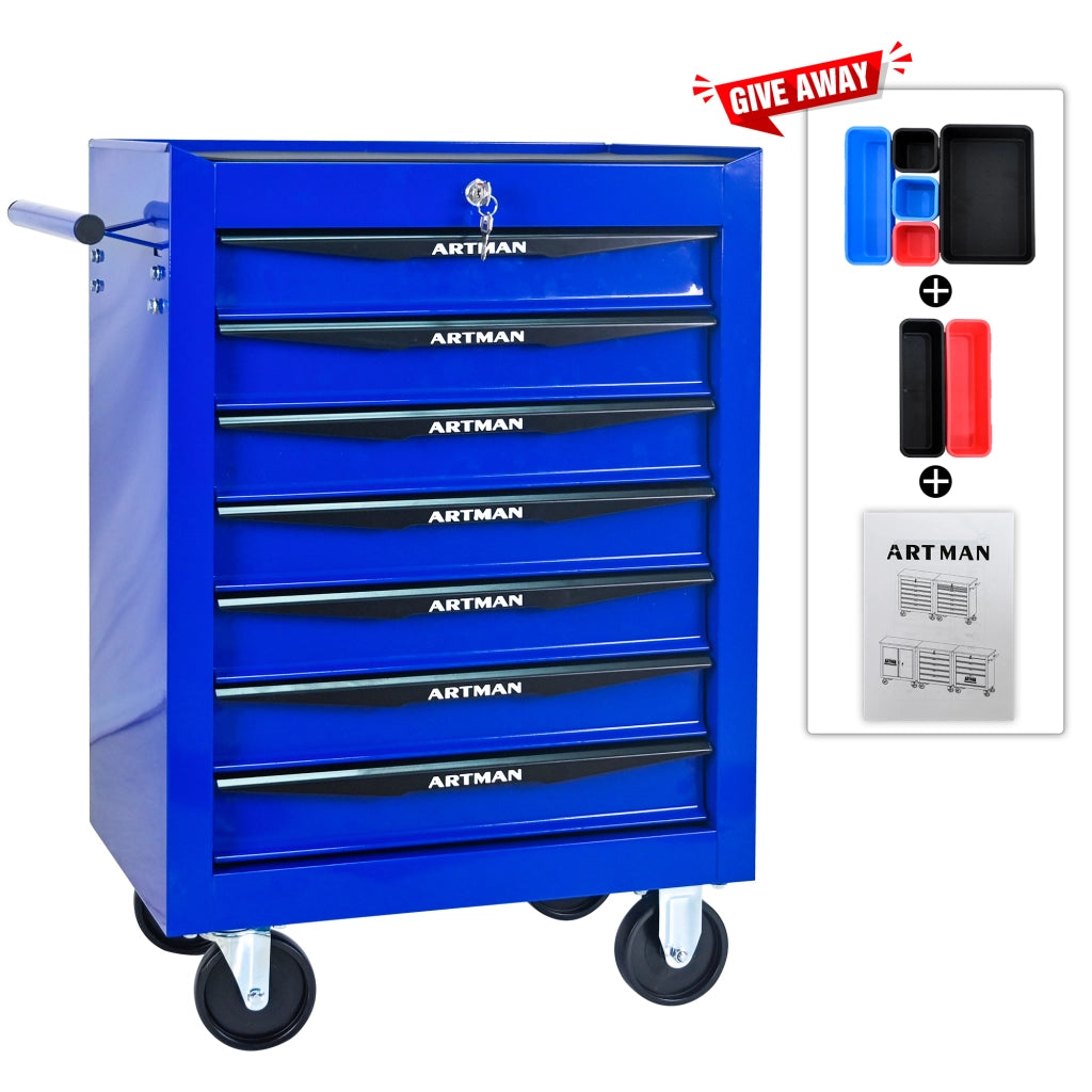 Cassettiera con ruote in acciaio con 7 cassetti e guide a sfere per garage e officina nero e blu 60 × 33 × 77,5 cm