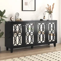 Credenza Moderna con Specchio e Maniglie di Cristallo, 4 Ante e Ripiani Mobili per Soggiorno e Cucina, 160x40x84 cm, Nero