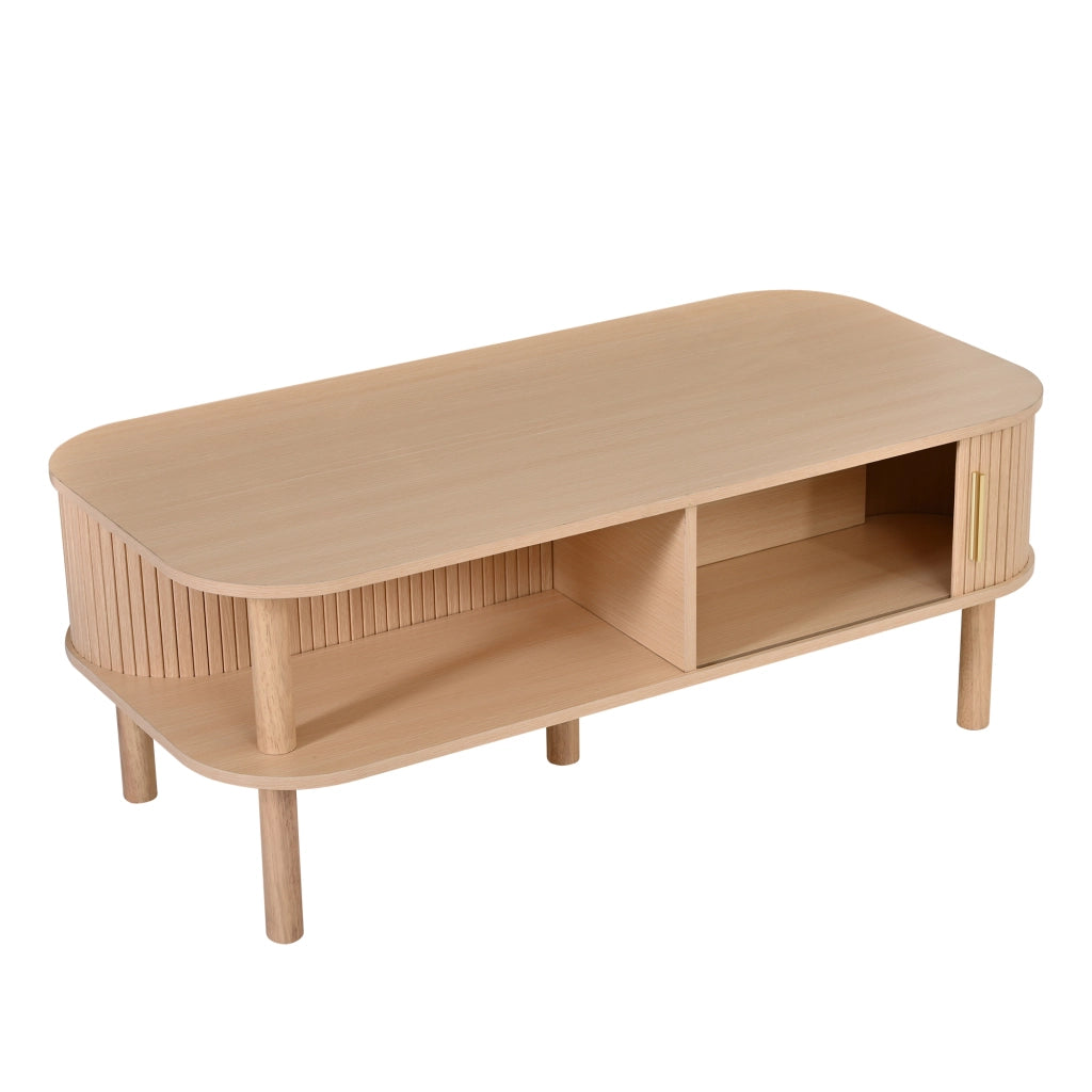 Tavolino, in MDF, con ante scorrevoli e ripiani a vista, 110 x 55 x 45 cm, color legno naturale