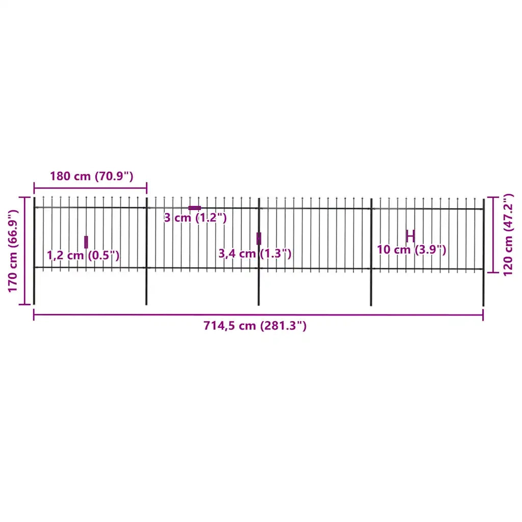 Recinzione da Giardino | Recinzione da cortile con Punta a Lancia in Acciaio 714,5x120 cm Nero