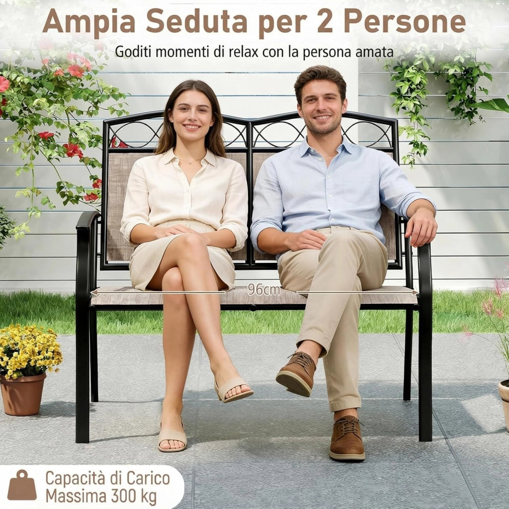 Panca da Esterno per 2 Persone, Divano in Metallo Robusto con Tessuto Traspirante, Tessuto in Textilene, con Braccioli Curvi per Giardino, Veranda, Piscina, Portata Massima 300 kg