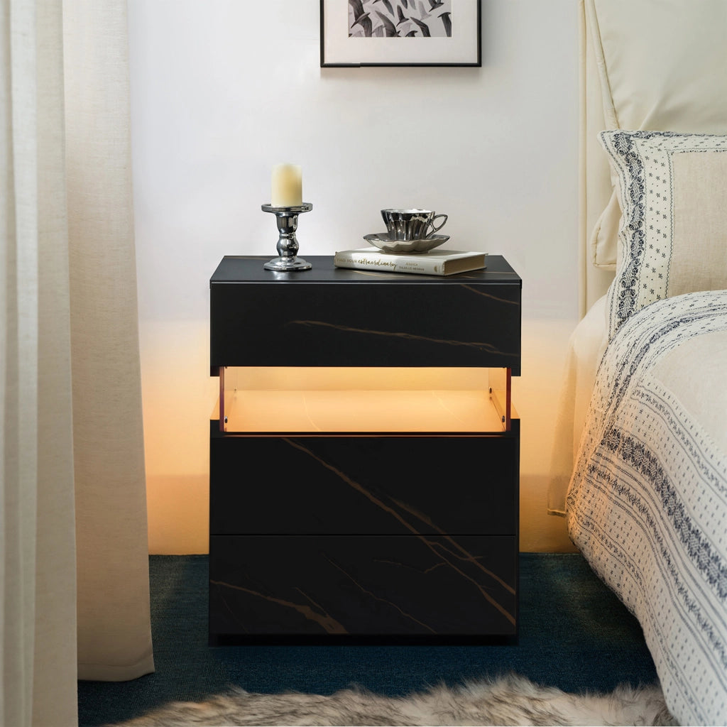 Comodino con 3 cassetti, LED RGB e pannello in acrilico, per camera da letto e soggiorno, nero e oro, 60 × 46 × 22 cm