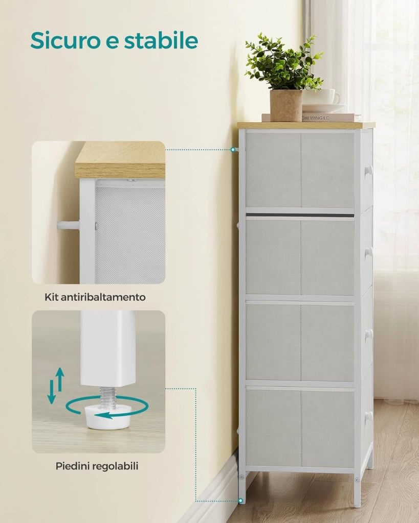 SONGMICS Cassettiera, Mobiletto con 5 Cassetti in Tessuto, Piano e Fronte in Truciolato, Credenza, Camera da Letto Soggiorno Ingresso Cameretta, Bianco e Rovere LTS514W57