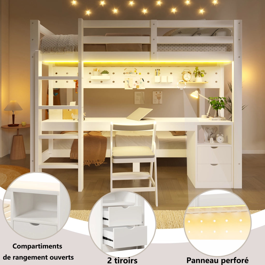 Letto a soppalco in pino con scrivania, cassetti e LED, 90/140x200 cm