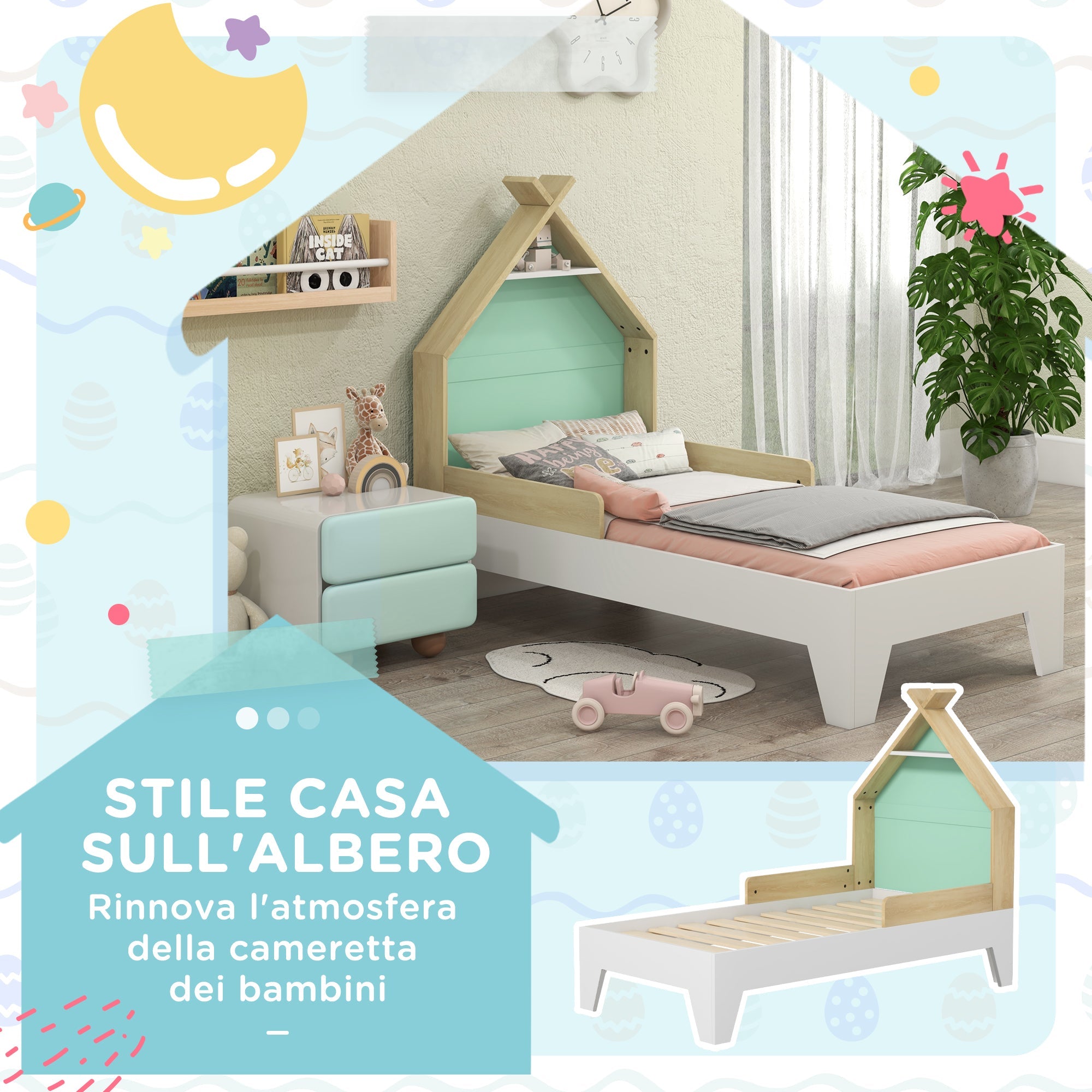 Struttura Letto Singolo per Bambini 144x74x110 cm Casetta con Sponde in Legno Verde