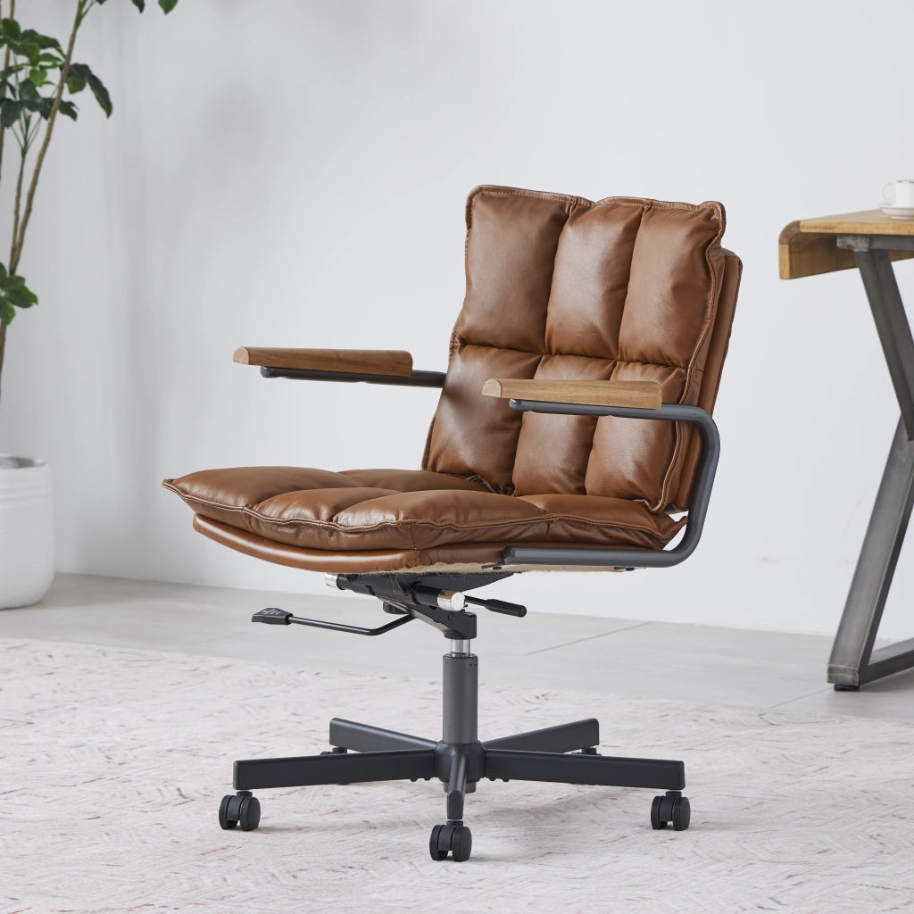 Sedia da ufficio ergonomica in pelle con altezza regolabile e rotazione 360° in pelle e metallo marrone